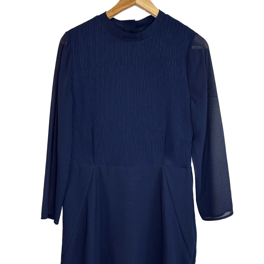 REISS Coralie Navy Blue Pleated Front Sheer Sleeve Dress UK 12 EU 40 USA 8‎